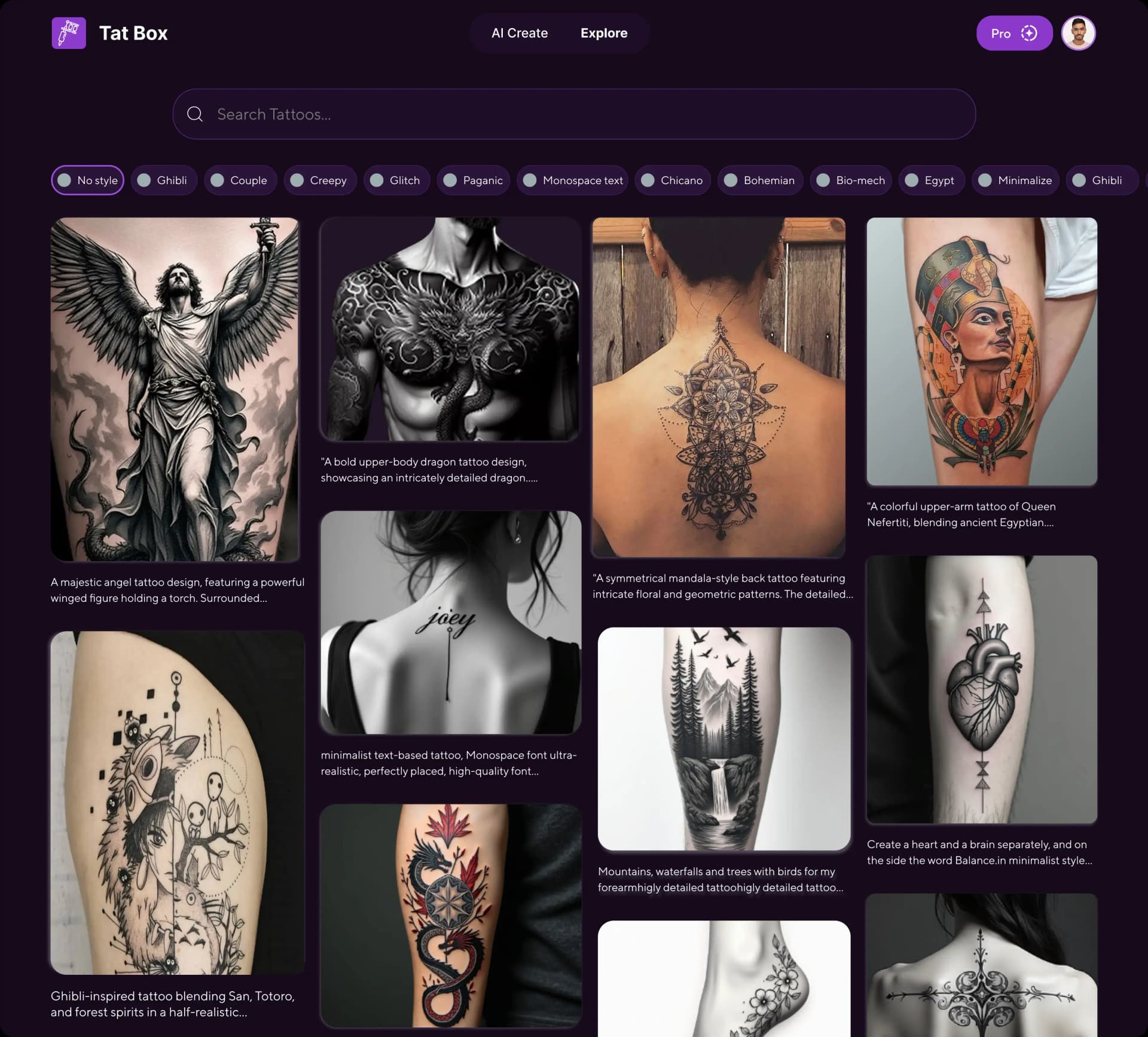 Preview of Tatbox explore screen showing style and placement visualization